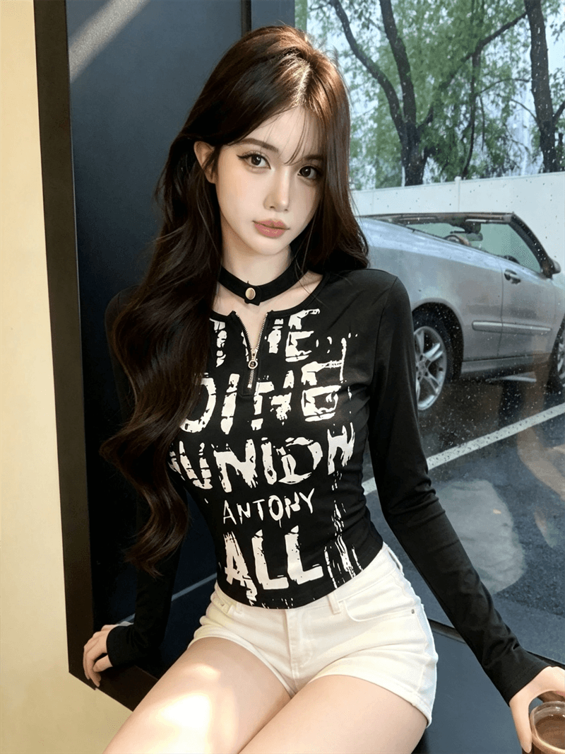 실사 봄 가을 라운드 넥 패치워크 무거운 작업 지퍼 섹션 몸매 가꾸기 디자인 센스 알파벳 쇼트 스타일 염색 핫걸 풀오버 티셔츠 상세 이미지 4