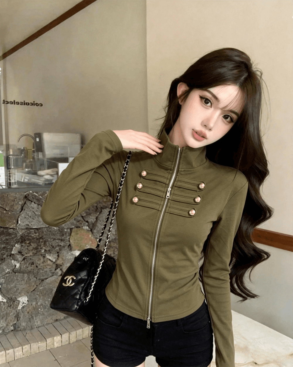 실사 봄 가을 느긋한 바람 스탠드 칼라 패치워크 무거운 작업 지퍼 섹션 몸매 가꾸기 디자인 센스 쇼트 스타일 핫걸 오픈 가디건 티셔츠 이미지 4