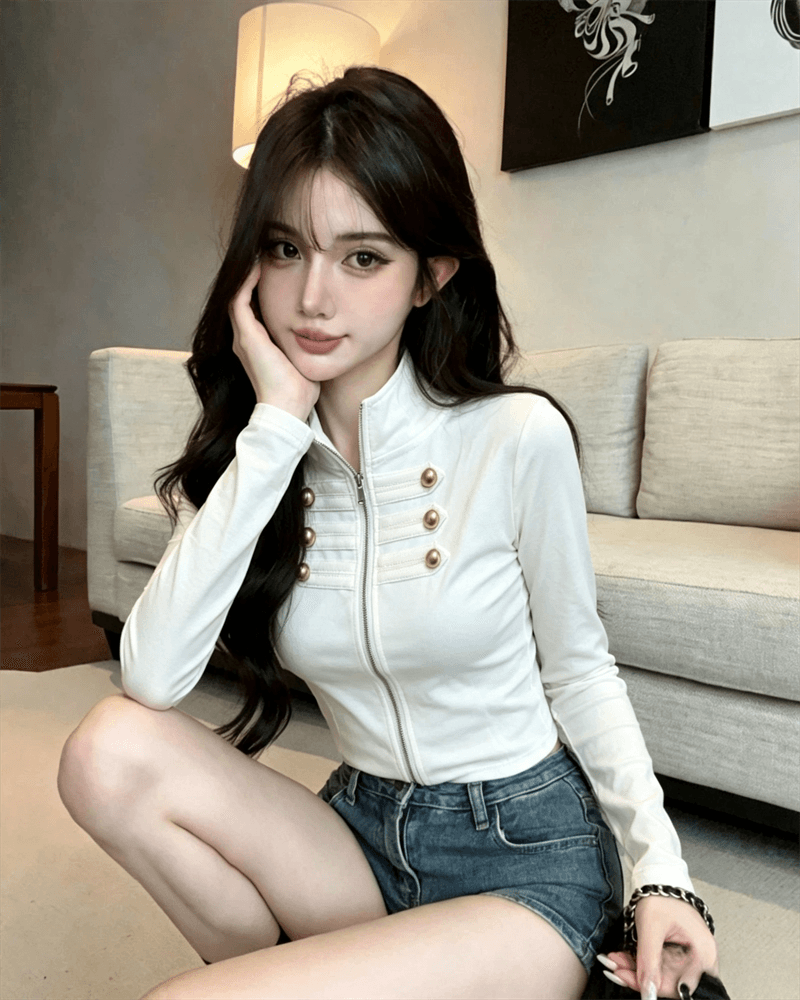 실사 봄 가을 느긋한 바람 스탠드 칼라 패치워크 무거운 작업 지퍼 섹션 몸매 가꾸기 디자인 센스 쇼트 스타일 핫걸 오픈 가디건 티셔츠 상세 이미지 6