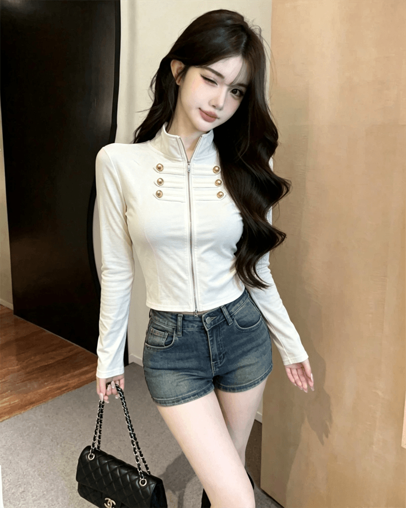 실사 봄 가을 느긋한 바람 스탠드 칼라 패치워크 무거운 작업 지퍼 섹션 몸매 가꾸기 디자인 센스 쇼트 스타일 핫걸 오픈 가디건 티셔츠 상세 이미지 7