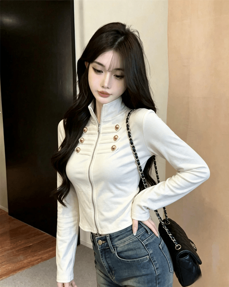 실사 봄 가을 느긋한 바람 스탠드 칼라 패치워크 무거운 작업 지퍼 섹션 몸매 가꾸기 디자인 센스 쇼트 스타일 핫걸 오픈 가디건 티셔츠 상세 이미지 9