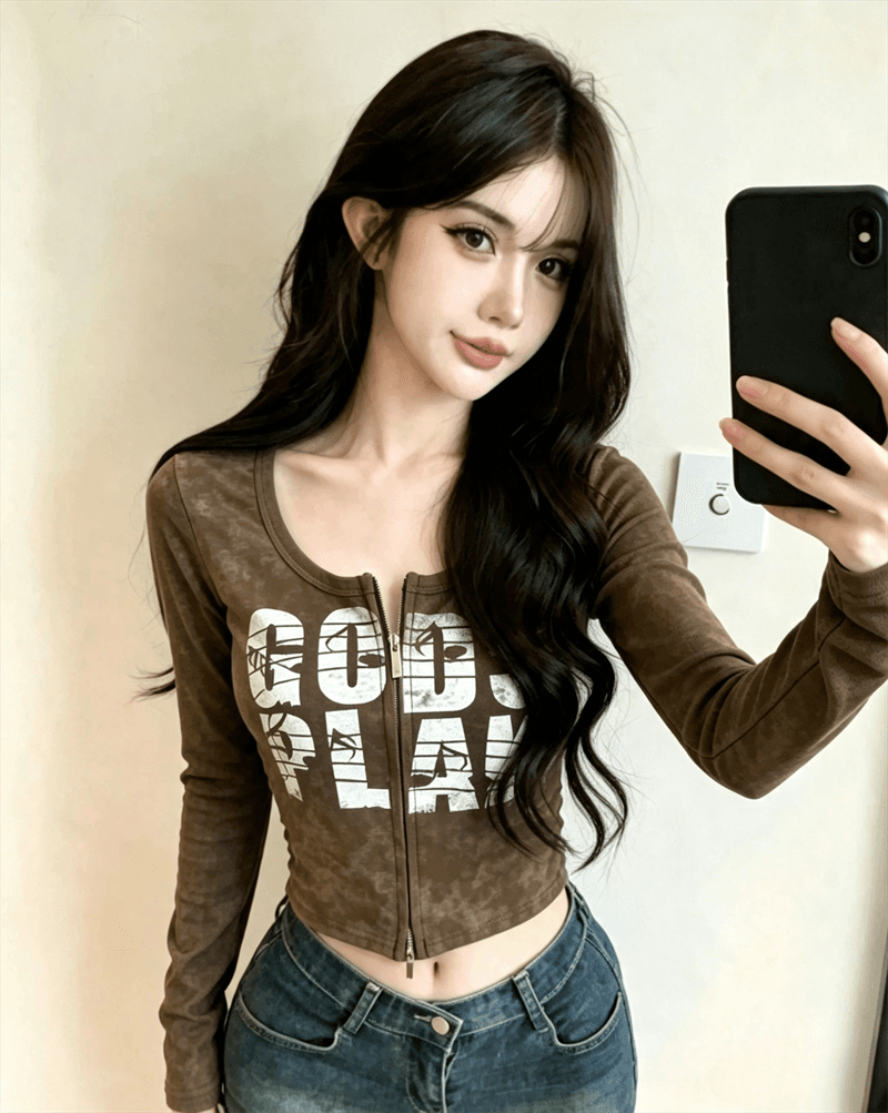 실사 봄 가을 느긋한 바람 라운드 넥 패치워크 무거운 작업 지퍼 섹션 몸매 가꾸기 알파벳 쇼트 스타일 염색 핫걸 오픈 가디건 티셔츠 상세 이미지 1