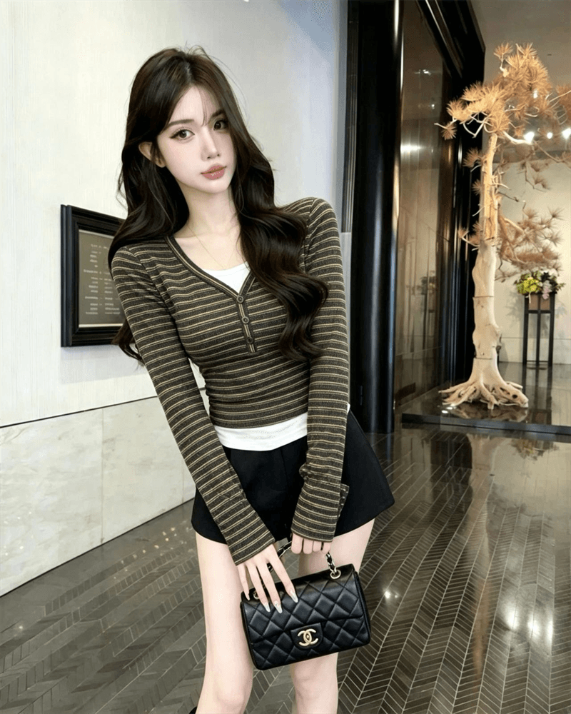 실사 새로운 레트로 배색 스트라이프 V넥 몸매 가꾸기 쇼트 스타일 긴팔 페이크 레이어드 기본 셔츠 상세 이미지 11