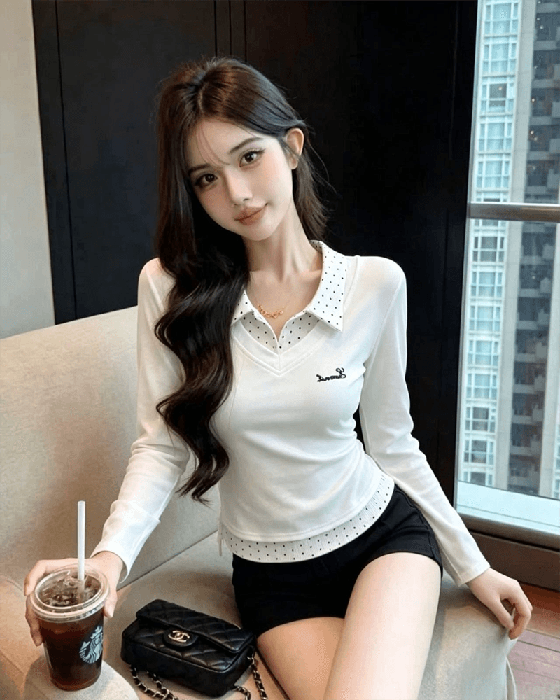 실사 한 스타일 패치워크 도트 무늬 폴로 칼라 티셔츠 허리 수축 슬림해 보이는 기본 셔츠 상세 이미지 3