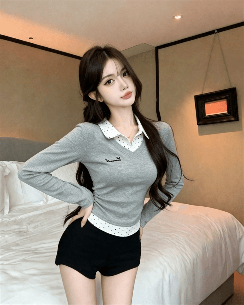실사 한 스타일 패치워크 도트 무늬 폴로 칼라 티셔츠 허리 수축 슬림해 보이는 기본 셔츠 상세 이미지 13