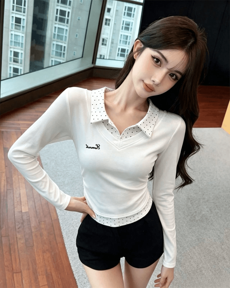 실사 한 스타일 패치워크 도트 무늬 폴로 칼라 티셔츠 허리 수축 슬림해 보이는 기본 셔츠 상세 이미지 16