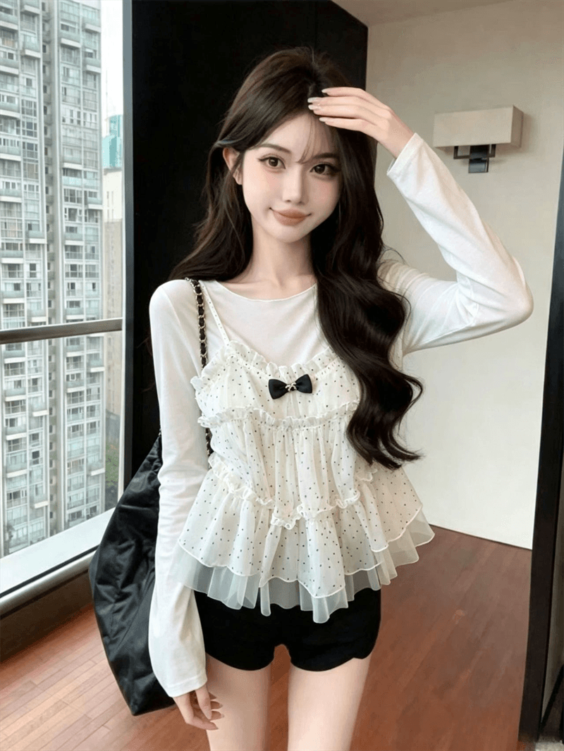 실사 새로운 천 금빛 바람 나비 매듭 프릴 도트 무늬 캐미솔 가을 망사 긴팔 티셔츠 상세 이미지 5