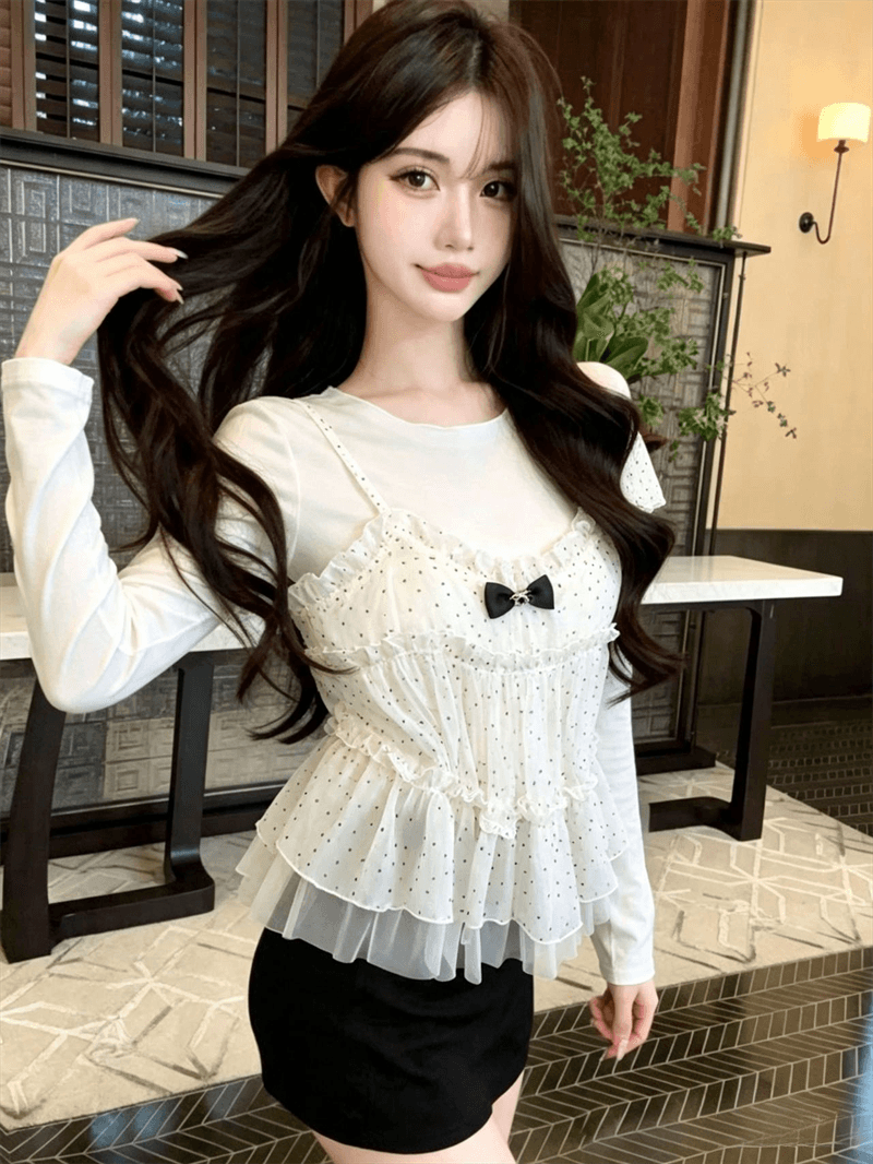 실사 새로운 천 금빛 바람 나비 매듭 프릴 도트 무늬 캐미솔 가을 망사 긴팔 티셔츠 상세 이미지 6