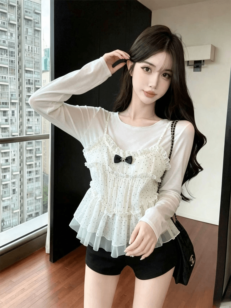 실사 새로운 천 금빛 바람 나비 매듭 프릴 도트 무늬 캐미솔 가을 망사 긴팔 티셔츠 상세 이미지 7