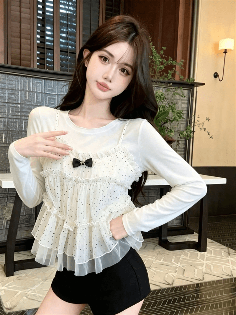 실사 새로운 천 금빛 바람 나비 매듭 프릴 도트 무늬 캐미솔 가을 망사 긴팔 티셔츠 상세 이미지 8