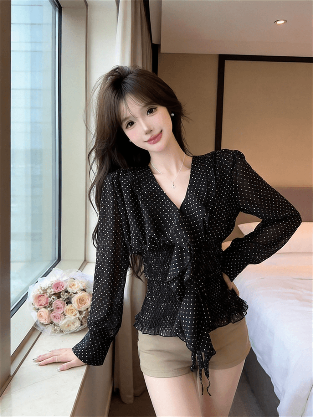 실사 봄 가을 품격 V넥 패치워크 술 프릴 도트 무늬 거품 소매 품격 허리 수축 풀오버 쉬폰 블라우스