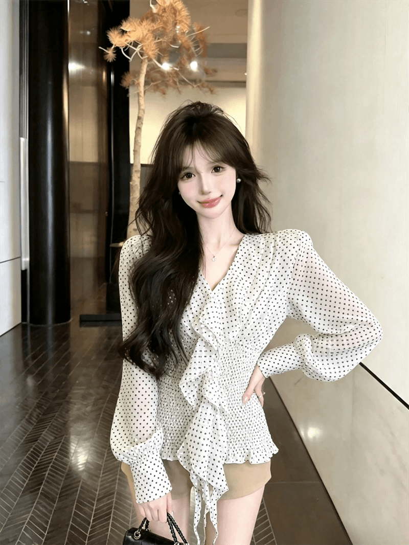 실사 봄 가을 품격 V넥 패치워크 술 프릴 도트 무늬 거품 소매 품격 허리 수축 풀오버 쉬폰 블라우스 상세 이미지 3