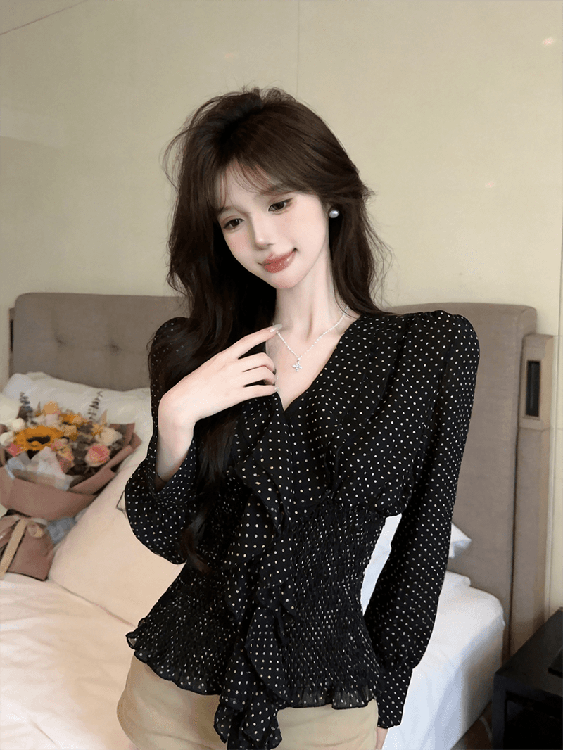 실사 봄 가을 품격 V넥 패치워크 술 프릴 도트 무늬 거품 소매 품격 허리 수축 풀오버 쉬폰 블라우스 상세 이미지 10