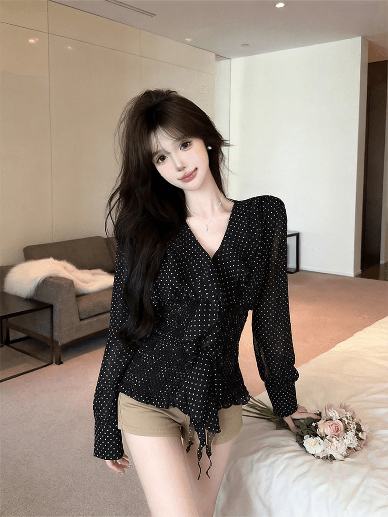 실사 봄 가을 품격 V넥 패치워크 술 프릴 도트 무늬 거품 소매 품격 허리 수축 풀오버 쉬폰 블라우스 상세 이미지 12