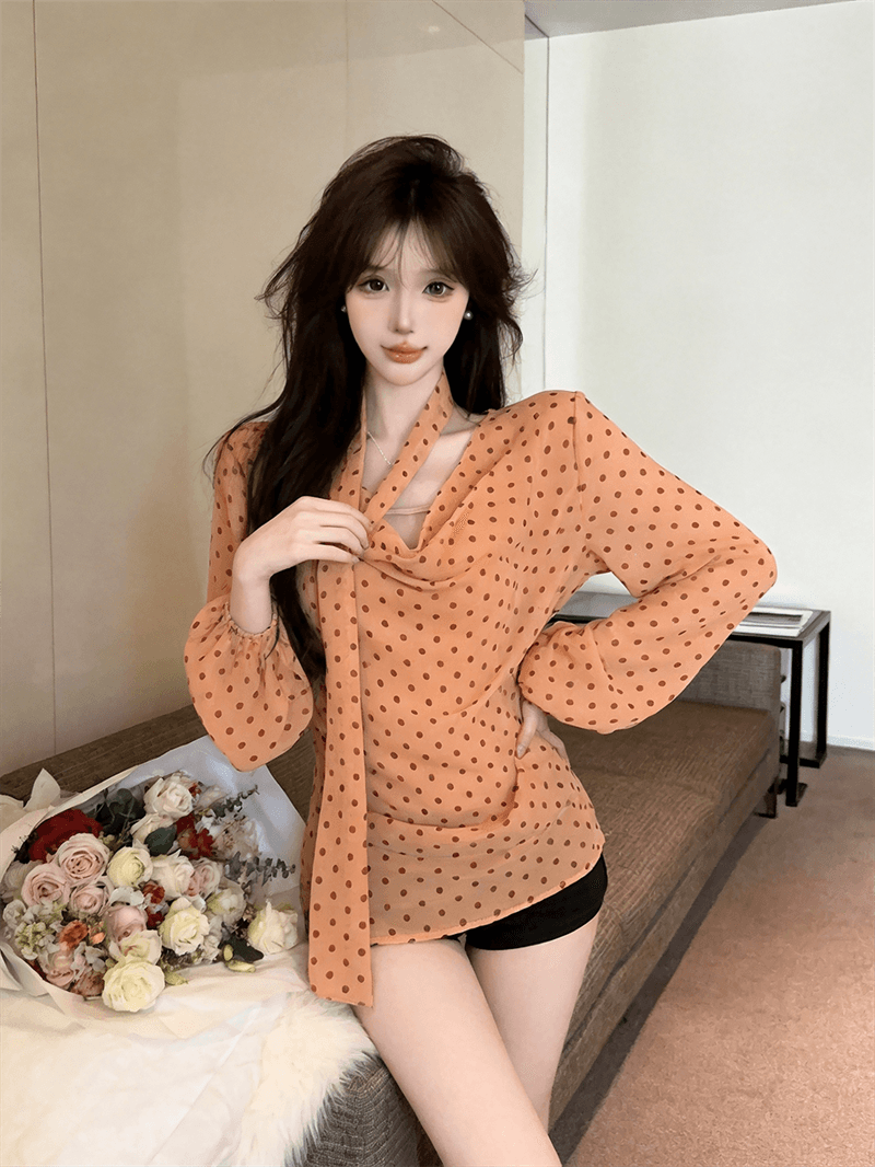 실사 가을 프랑스식 흔들다 칼라 경기 스카프 순수한 욕망 바람 루즈핏 도트 무늬 쉬폰 블라우스 몸매 가꾸기 캐미솔 3종 세트 상세 이미지 1