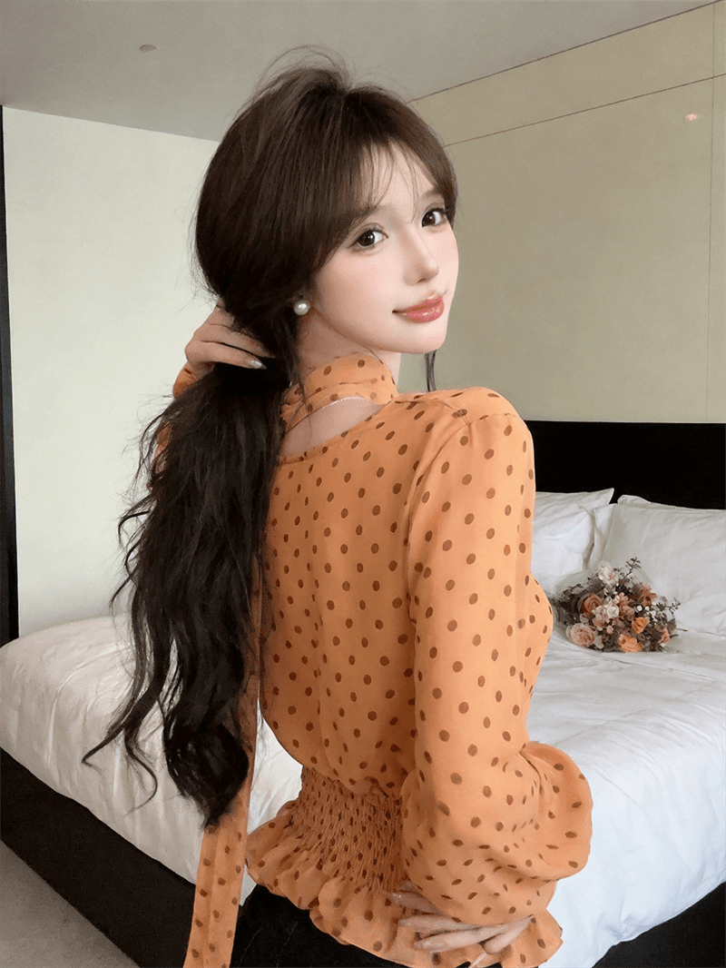 실사 가을 프랑스식 흔들다 칼라 경기 스카프 순수한 욕망 바람 루즈핏 도트 무늬 쉬폰 블라우스 몸매 가꾸기 캐미솔 3종 세트 상세 이미지 7