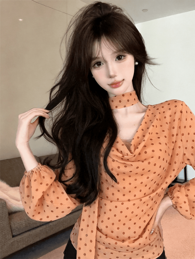 실사 가을 프랑스식 흔들다 칼라 경기 스카프 순수한 욕망 바람 루즈핏 도트 무늬 쉬폰 블라우스 몸매 가꾸기 캐미솔 3종 세트 상세 이미지 8