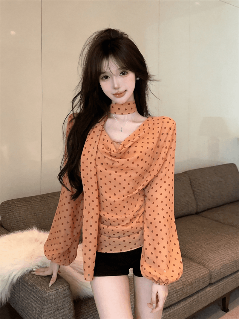 실사 가을 프랑스식 흔들다 칼라 경기 스카프 순수한 욕망 바람 루즈핏 도트 무늬 쉬폰 블라우스 몸매 가꾸기 캐미솔 3종 세트 상세 이미지 9
