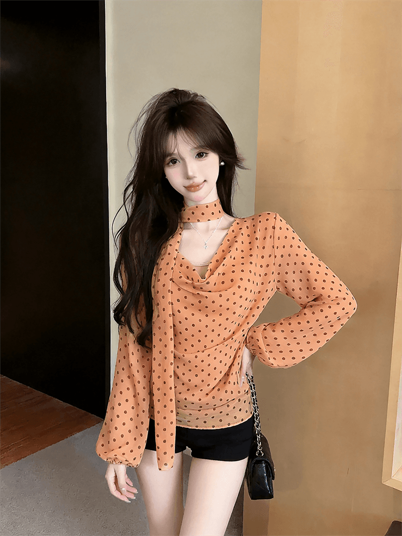 실사 가을 프랑스식 흔들다 칼라 경기 스카프 순수한 욕망 바람 루즈핏 도트 무늬 쉬폰 블라우스 몸매 가꾸기 캐미솔 3종 세트 상세 이미지 10