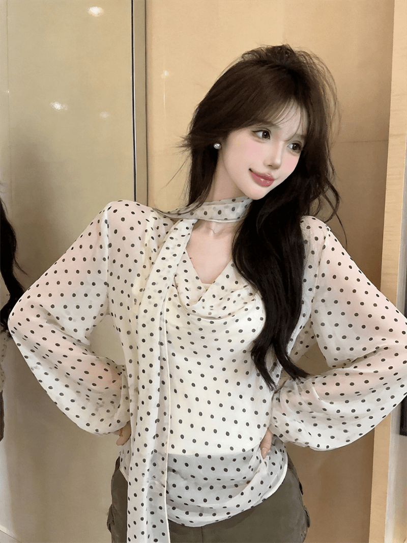 실사 가을 프랑스식 흔들다 칼라 경기 스카프 순수한 욕망 바람 루즈핏 도트 무늬 쉬폰 블라우스 몸매 가꾸기 캐미솔 3종 세트 상세 이미지 18
