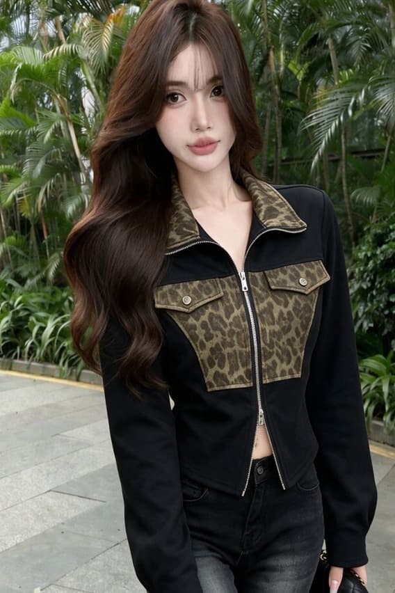 실사 새로운 레트로 레오파드 무늬 패치워크 몸매 가꾸기 수리 허리 폴로 칼라 작은 외투 이미지 6