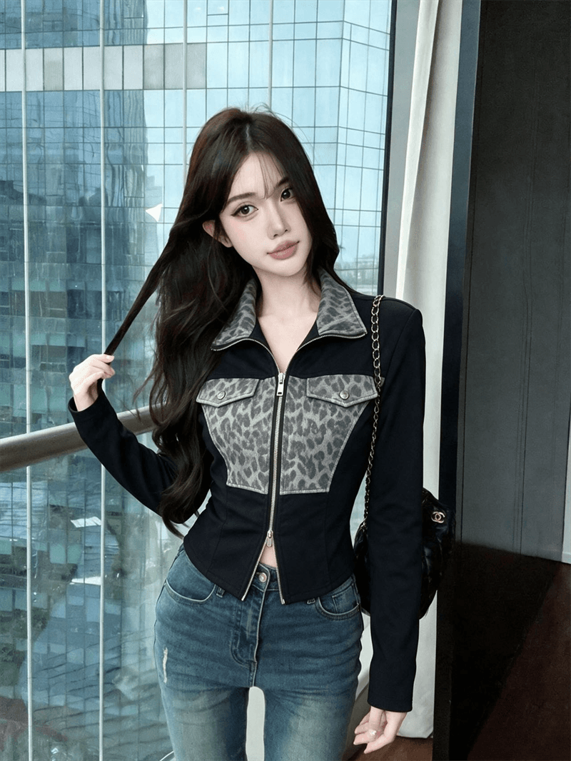 실사 새로운 레트로 레오파드 무늬 패치워크 몸매 가꾸기 수리 허리 폴로 칼라 작은 외투 상세 이미지 1