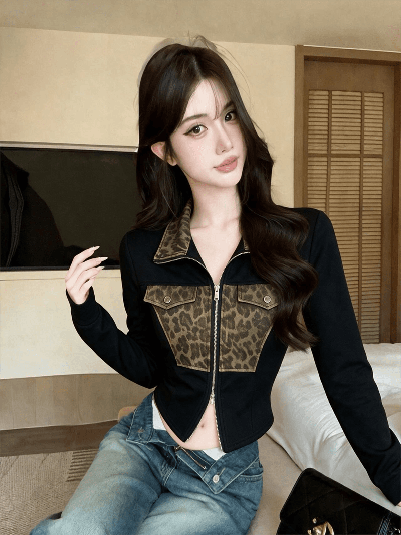 실사 새로운 레트로 레오파드 무늬 패치워크 몸매 가꾸기 수리 허리 폴로 칼라 작은 외투 상세 이미지 7