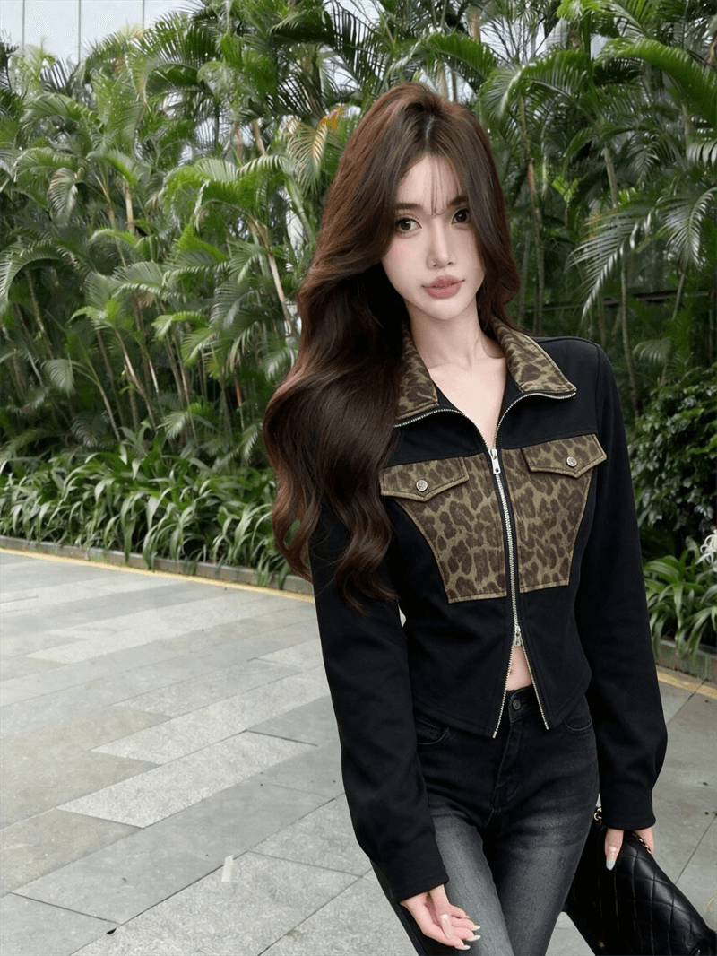 실사 새로운 레트로 레오파드 무늬 패치워크 몸매 가꾸기 수리 허리 폴로 칼라 작은 외투 상세 이미지 8