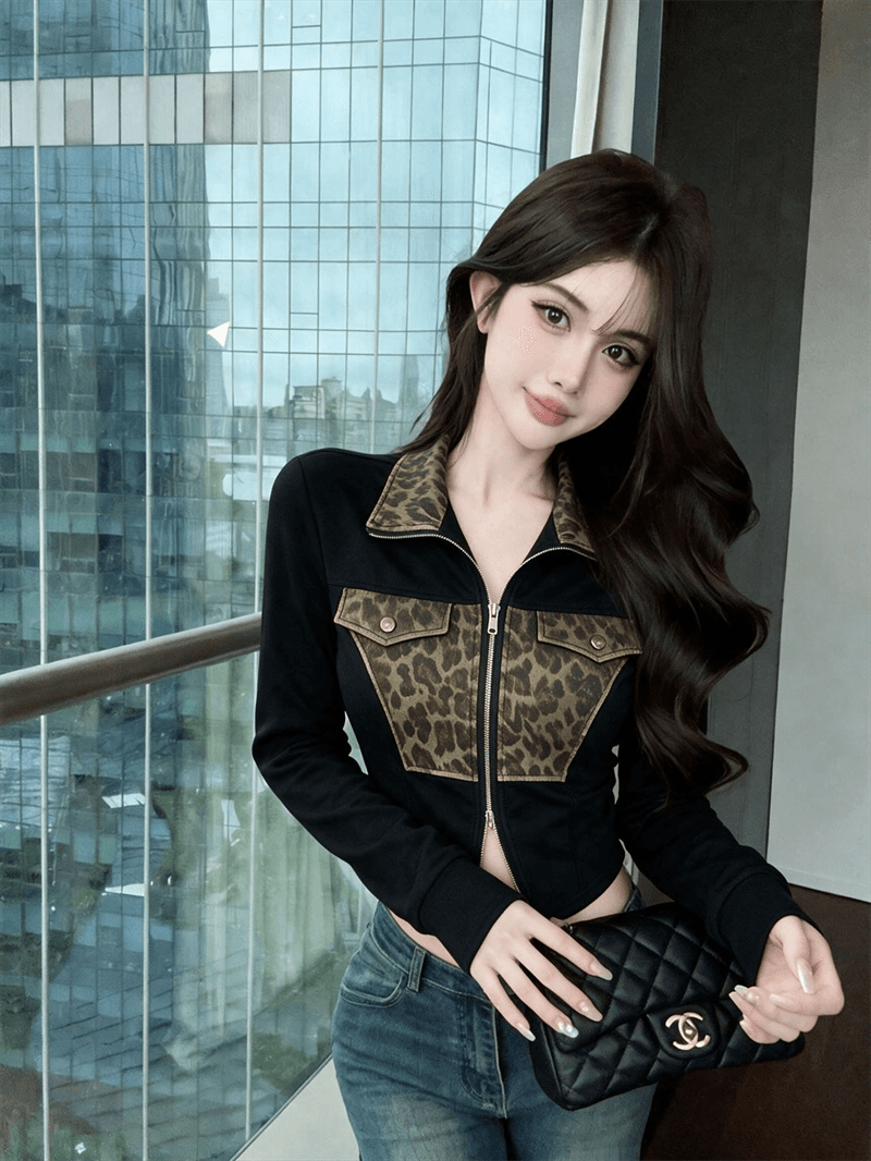 실사 새로운 레트로 레오파드 무늬 패치워크 몸매 가꾸기 수리 허리 폴로 칼라 작은 외투 상세 이미지 12