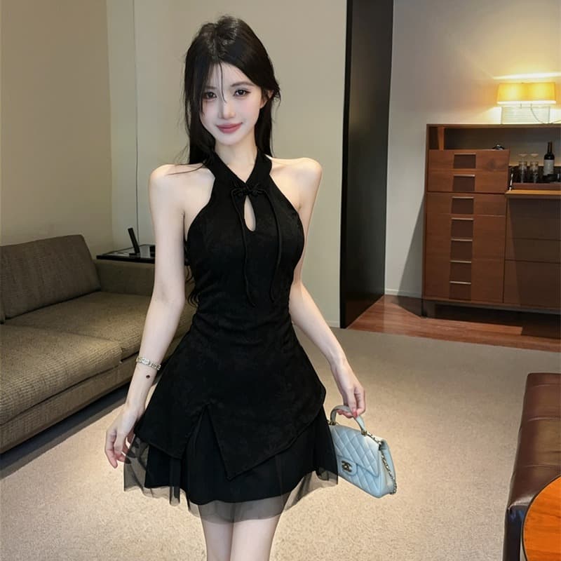 실사 새로운 중식 치파오 드레스 연령 감소 레이스 조각 홀로우 아웃 몸매 가꾸기 미니 스커트 여성 아름다운 꼬집기 허리 작은 치마 이미지 4