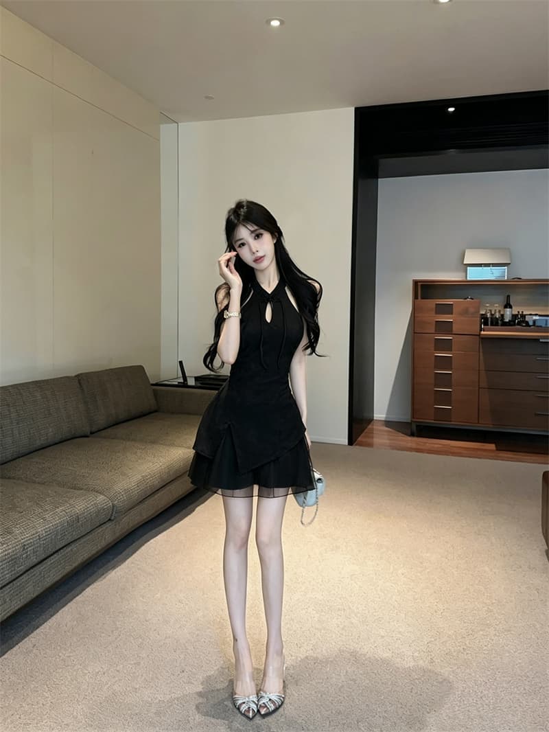 실사 새로운 중식 치파오 드레스 연령 감소 레이스 조각 홀로우 아웃 몸매 가꾸기 미니 스커트 여성 아름다운 꼬집기 허리 작은 치마 상세 이미지 6