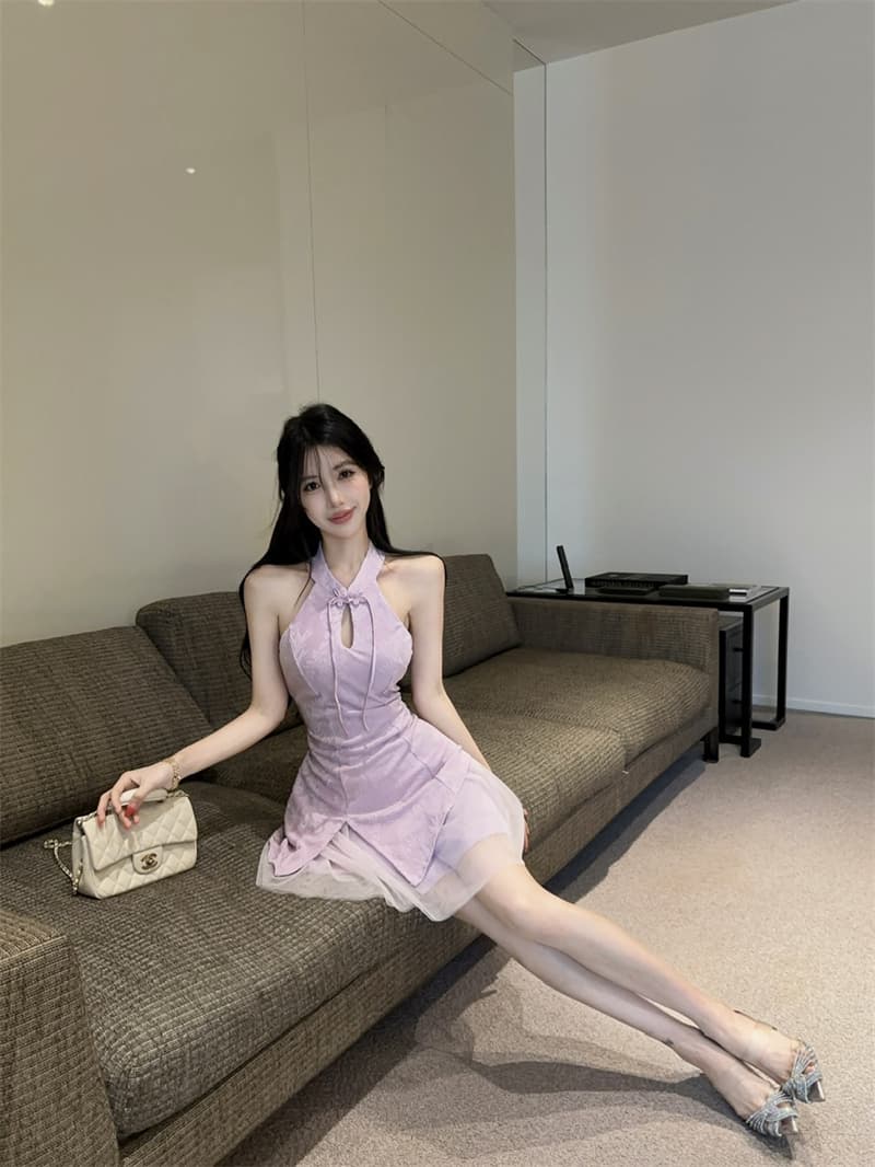 실사 새로운 중식 치파오 드레스 연령 감소 레이스 조각 홀로우 아웃 몸매 가꾸기 미니 스커트 여성 아름다운 꼬집기 허리 작은 치마 상세 이미지 24