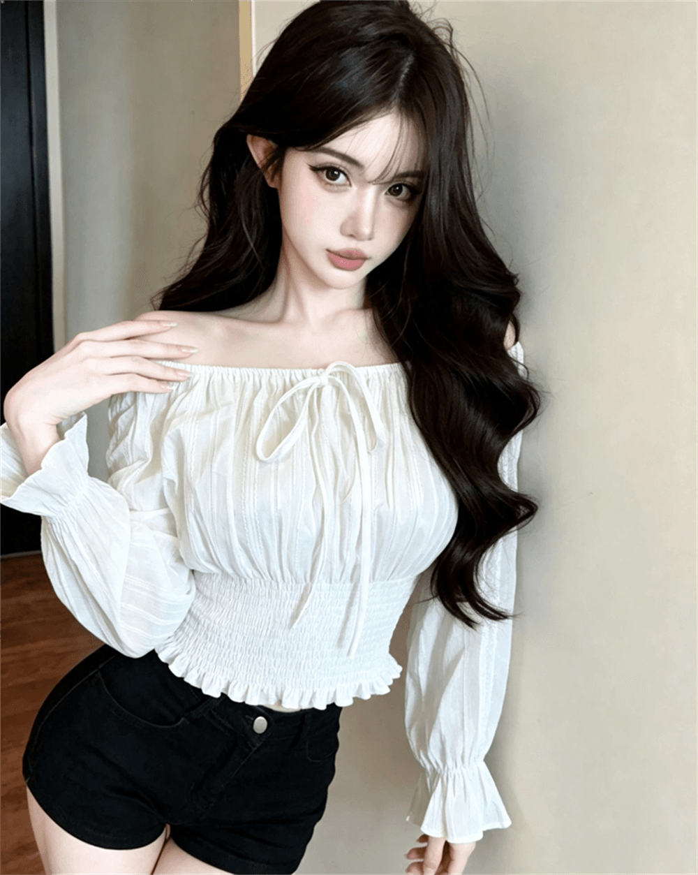 봄 가을 순수한 욕망 바람 보트넥 이슬 쇄골 패치워크 허리 수축 슬림해 보이는 프릴 달콤함 풀오버 레이스업 쇼트 스타일 티셔츠 이미지 3