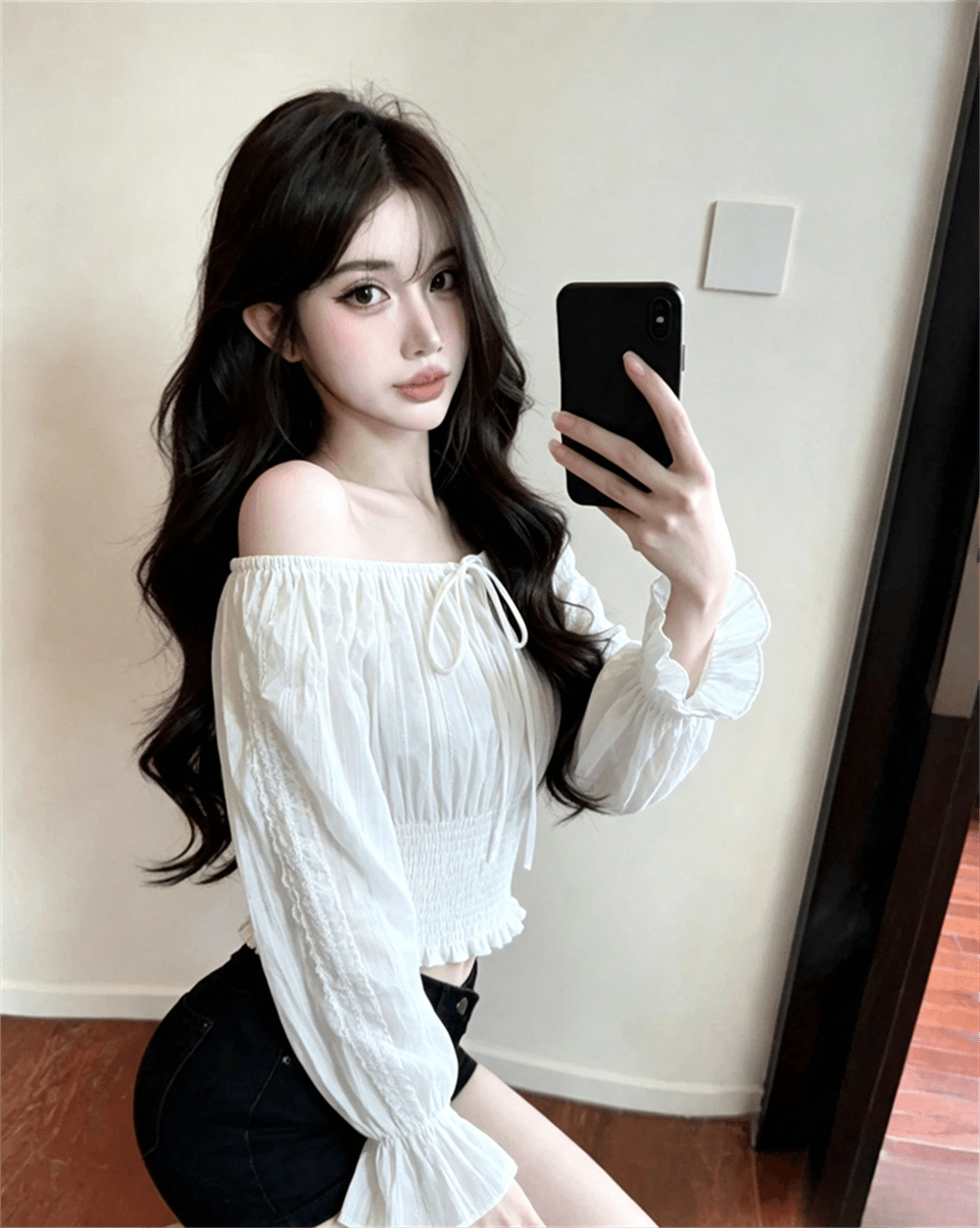 봄 가을 순수한 욕망 바람 보트넥 이슬 쇄골 패치워크 허리 수축 슬림해 보이는 프릴 달콤함 풀오버 레이스업 쇼트 스타일 티셔츠