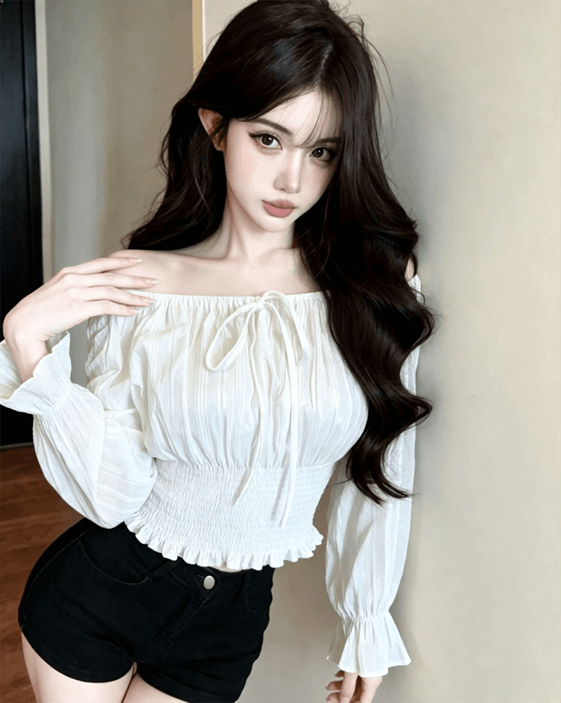 봄 가을 순수한 욕망 바람 보트넥 이슬 쇄골 패치워크 허리 수축 슬림해 보이는 프릴 달콤함 풀오버 레이스업 쇼트 스타일 티셔츠 상세 이미지 2