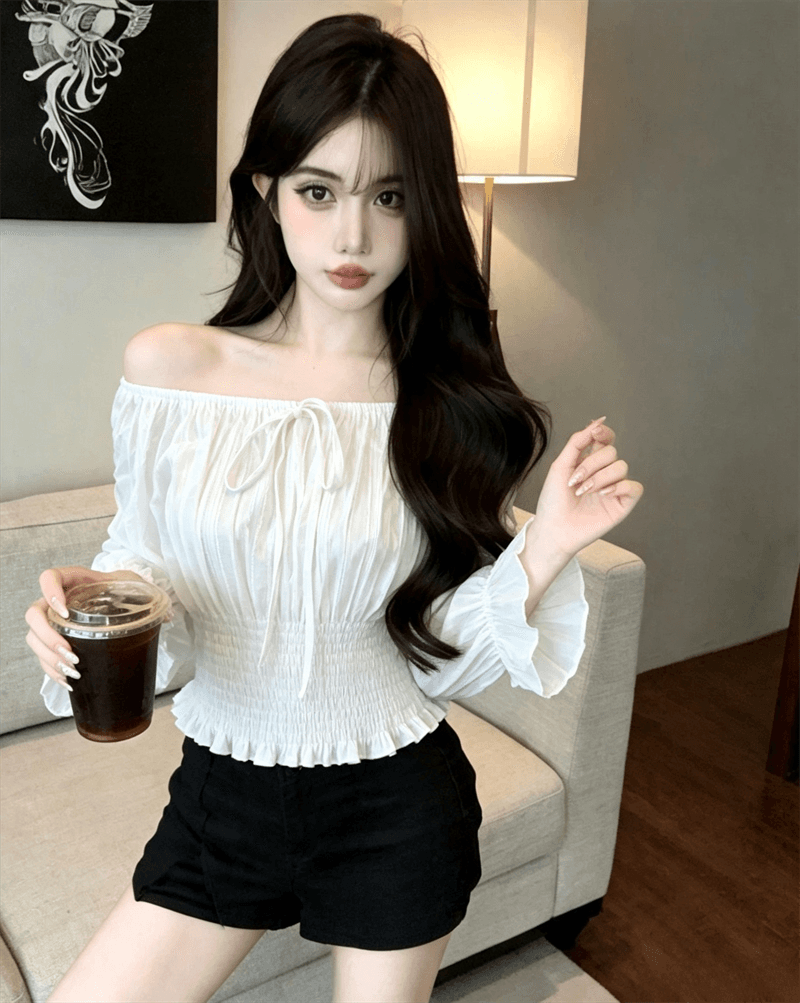 봄 가을 순수한 욕망 바람 보트넥 이슬 쇄골 패치워크 허리 수축 슬림해 보이는 프릴 달콤함 풀오버 레이스업 쇼트 스타일 티셔츠 상세 이미지 3