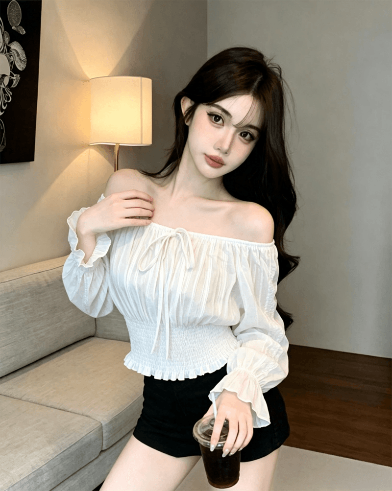 봄 가을 순수한 욕망 바람 보트넥 이슬 쇄골 패치워크 허리 수축 슬림해 보이는 프릴 달콤함 풀오버 레이스업 쇼트 스타일 티셔츠 상세 이미지 4