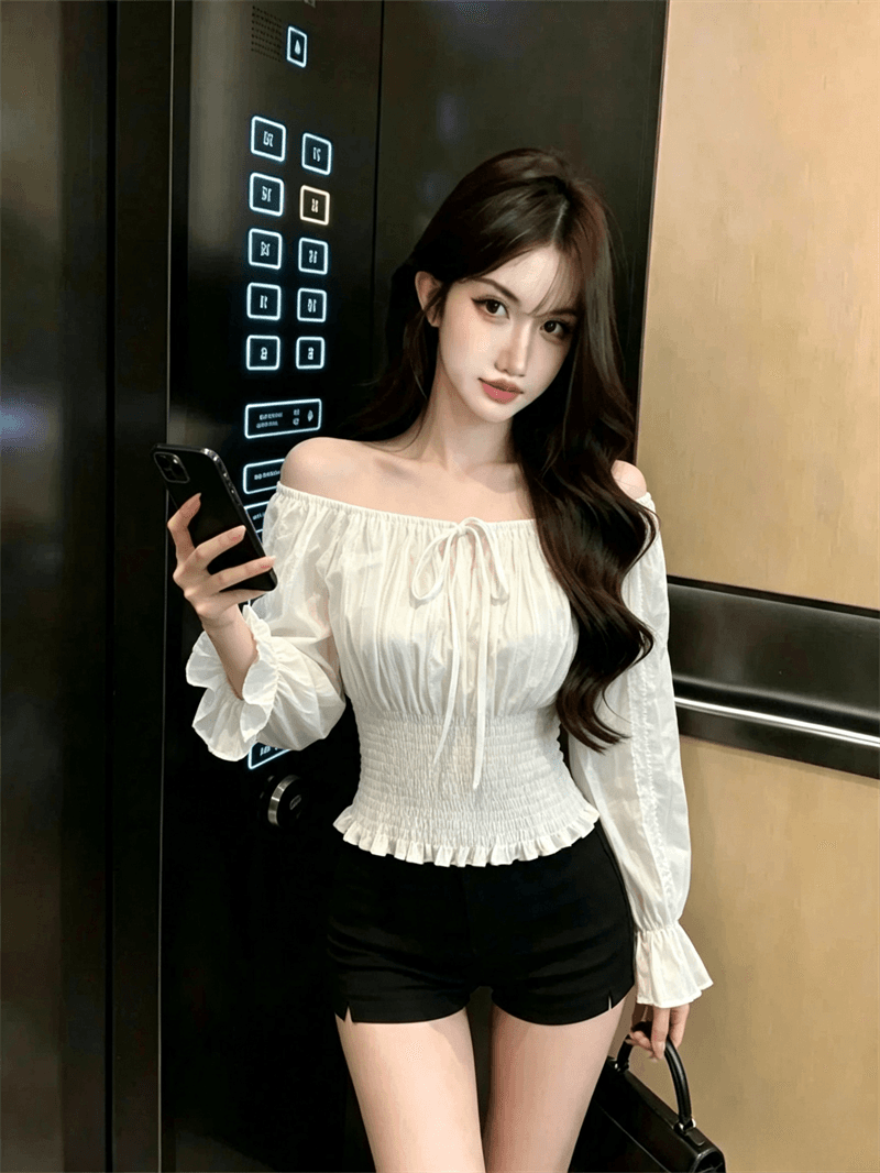 봄 가을 순수한 욕망 바람 보트넥 이슬 쇄골 패치워크 허리 수축 슬림해 보이는 프릴 달콤함 풀오버 레이스업 쇼트 스타일 티셔츠 상세 이미지 5