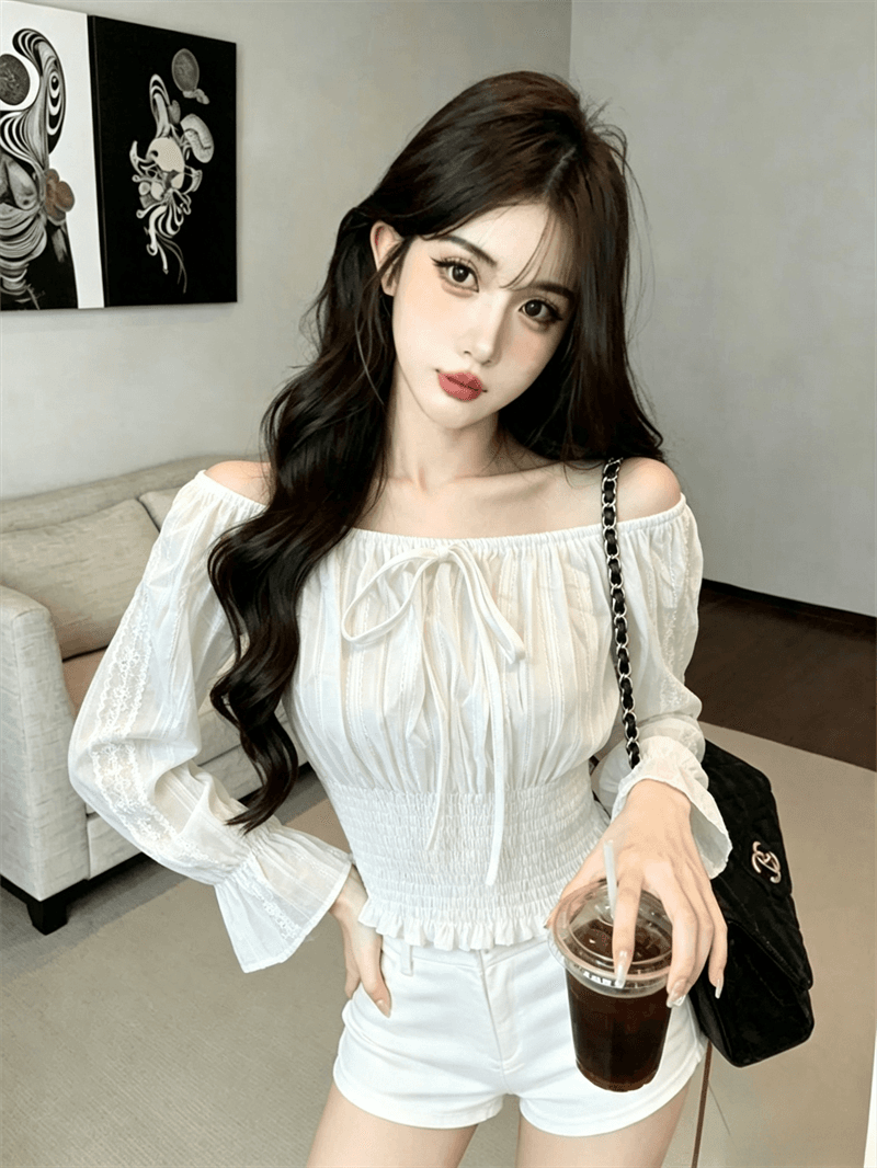 봄 가을 순수한 욕망 바람 보트넥 이슬 쇄골 패치워크 허리 수축 슬림해 보이는 프릴 달콤함 풀오버 레이스업 쇼트 스타일 티셔츠 상세 이미지 9