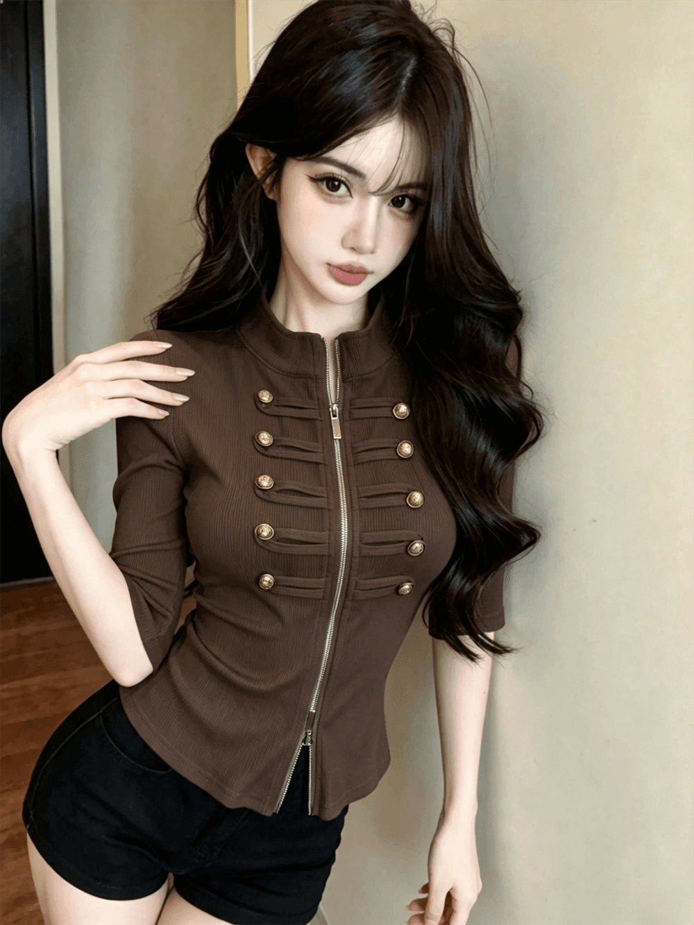 실사 봄 가을 한국 스타일 스탠드 칼라 패치워크 중간 소매 무거운 작업 지퍼 섹션 몸매 가꾸기 디자인 센스 쇼트 스타일 핫걸 오픈 가디건 티셔츠 이미지 2