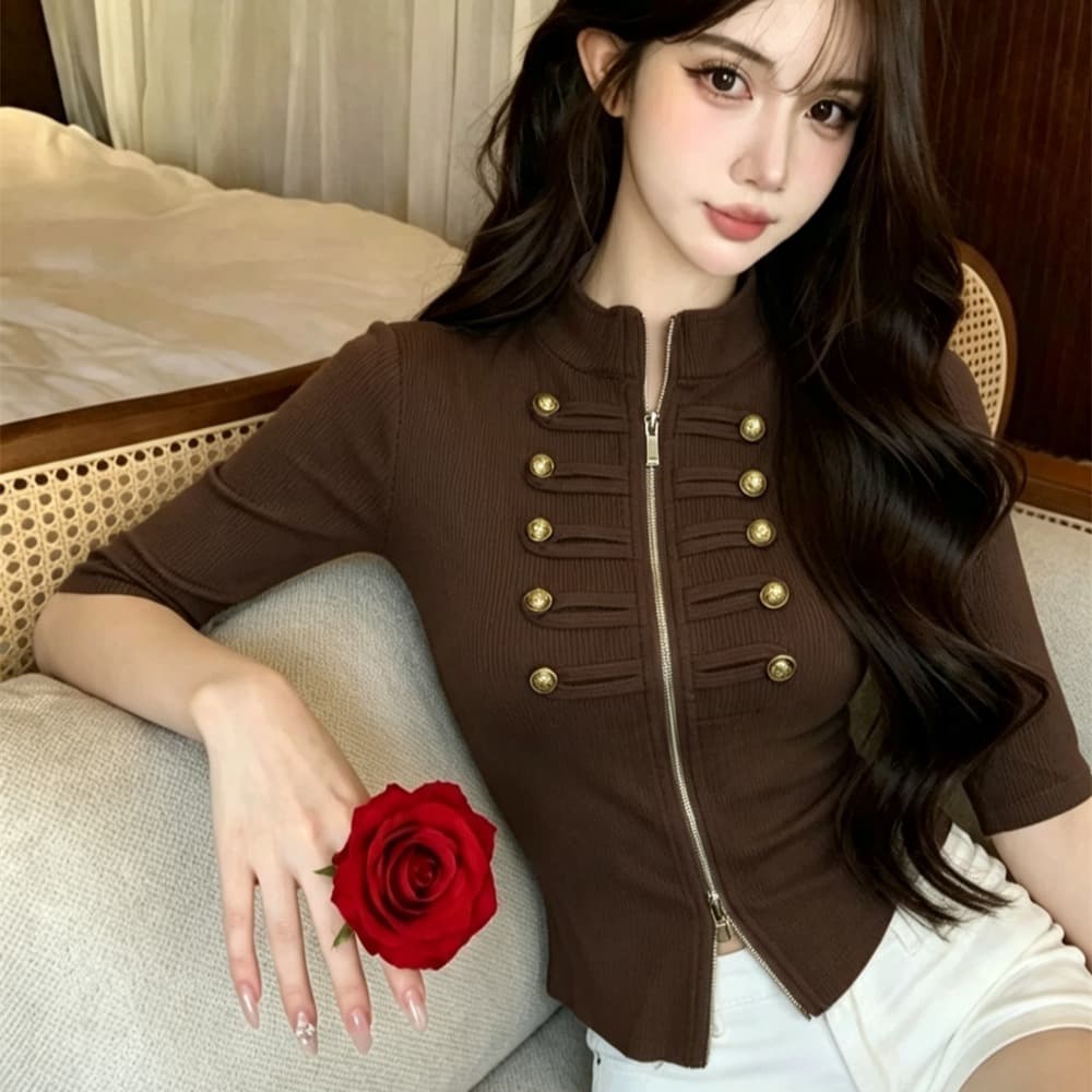 실사 봄 가을 한국 스타일 스탠드 칼라 패치워크 중간 소매 무거운 작업 지퍼 섹션 몸매 가꾸기 디자인 센스 쇼트 스타일 핫걸 오픈 가디건 티셔츠 이미지 5