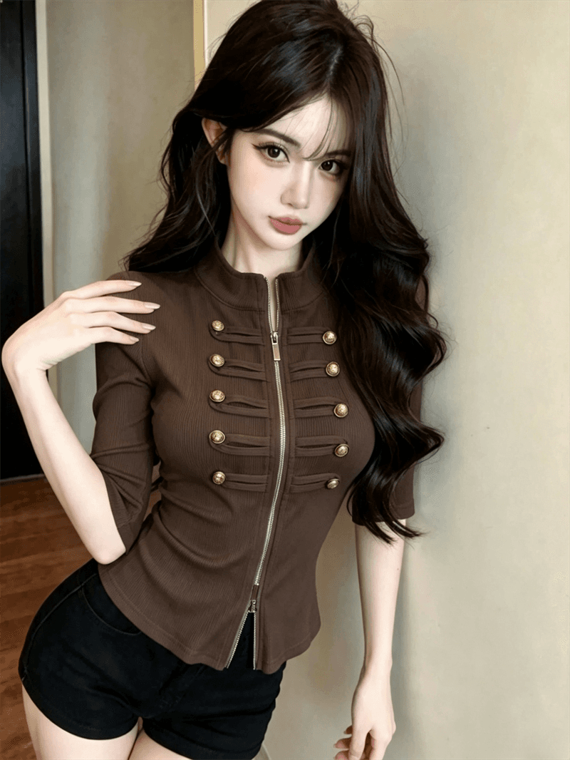 실사 봄 가을 한국 스타일 스탠드 칼라 패치워크 중간 소매 무거운 작업 지퍼 섹션 몸매 가꾸기 디자인 센스 쇼트 스타일 핫걸 오픈 가디건 티셔츠 상세 이미지 1