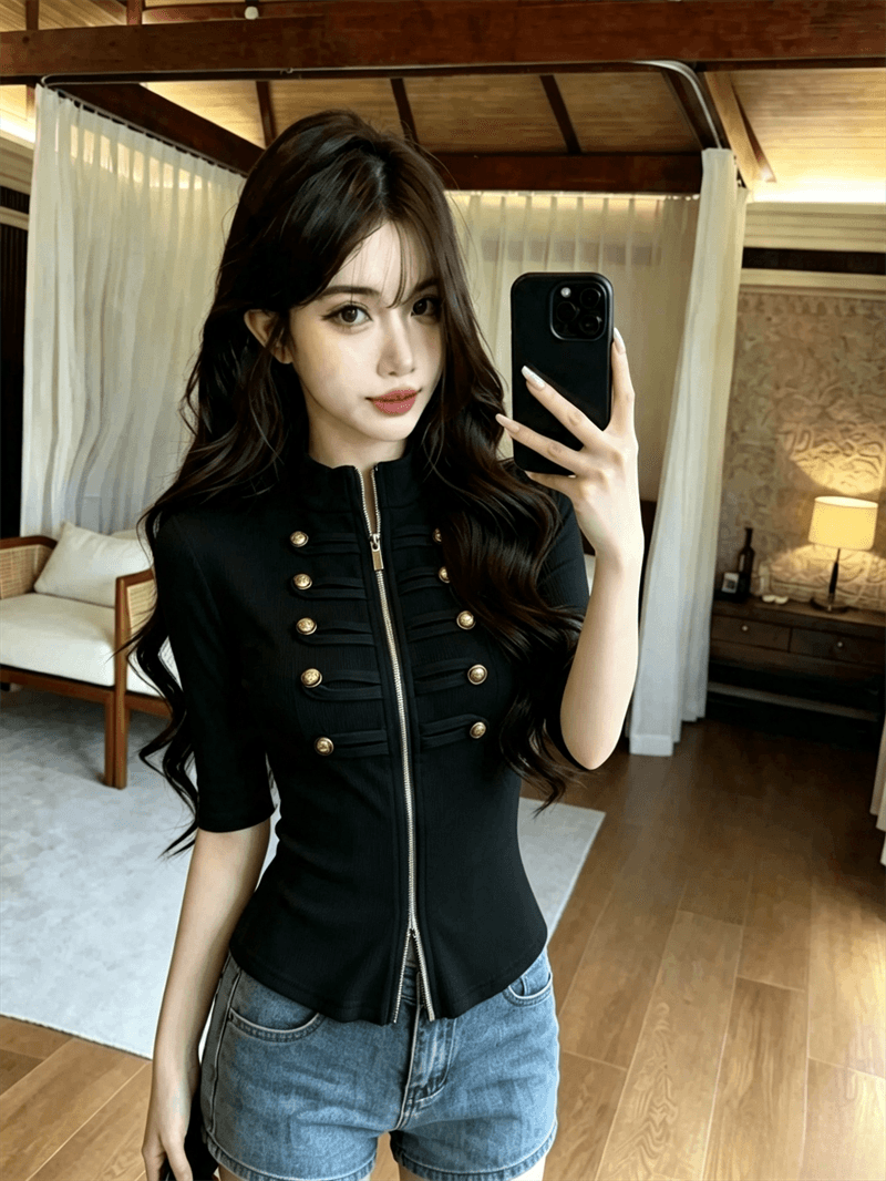 실사 봄 가을 한국 스타일 스탠드 칼라 패치워크 중간 소매 무거운 작업 지퍼 섹션 몸매 가꾸기 디자인 센스 쇼트 스타일 핫걸 오픈 가디건 티셔츠 상세 이미지 3