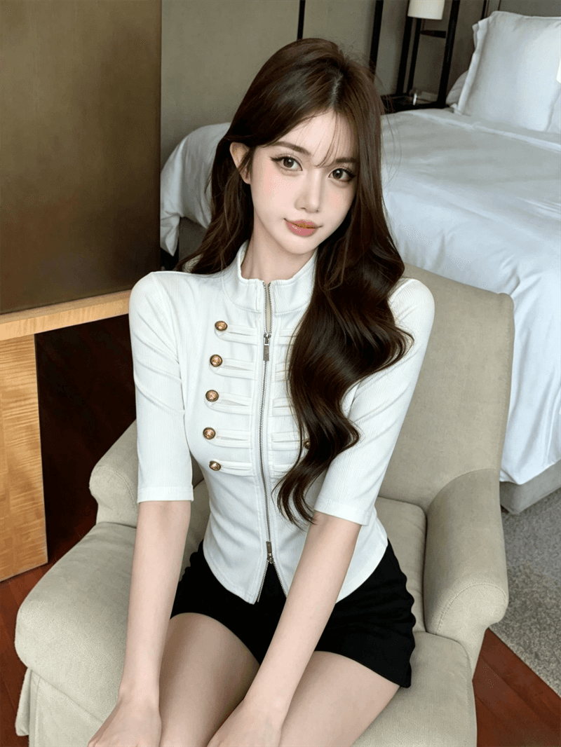 실사 봄 가을 한국 스타일 스탠드 칼라 패치워크 중간 소매 무거운 작업 지퍼 섹션 몸매 가꾸기 디자인 센스 쇼트 스타일 핫걸 오픈 가디건 티셔츠 상세 이미지 6