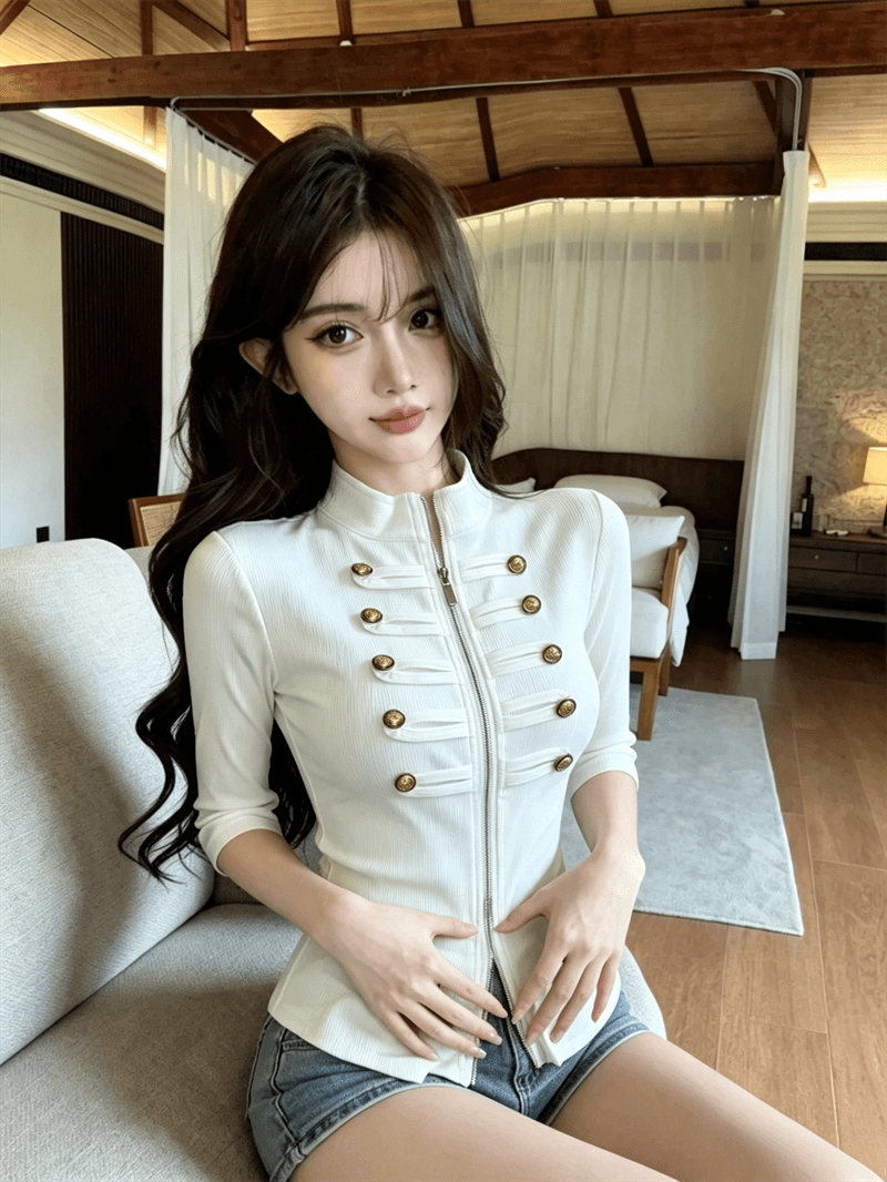 실사 봄 가을 한국 스타일 스탠드 칼라 패치워크 중간 소매 무거운 작업 지퍼 섹션 몸매 가꾸기 디자인 센스 쇼트 스타일 핫걸 오픈 가디건 티셔츠 상세 이미지 7