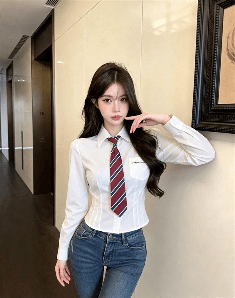 실사 새로운 일본식 학원 스타일 흰 셔츠 여성 셔츠 이른 가을 허리 수축 긴팔 셔츠 상세 이미지 13