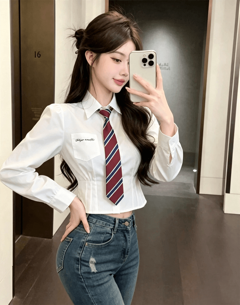 실사 새로운 일본식 학원 스타일 흰 셔츠 여성 셔츠 이른 가을 허리 수축 긴팔 셔츠 상세 이미지 14