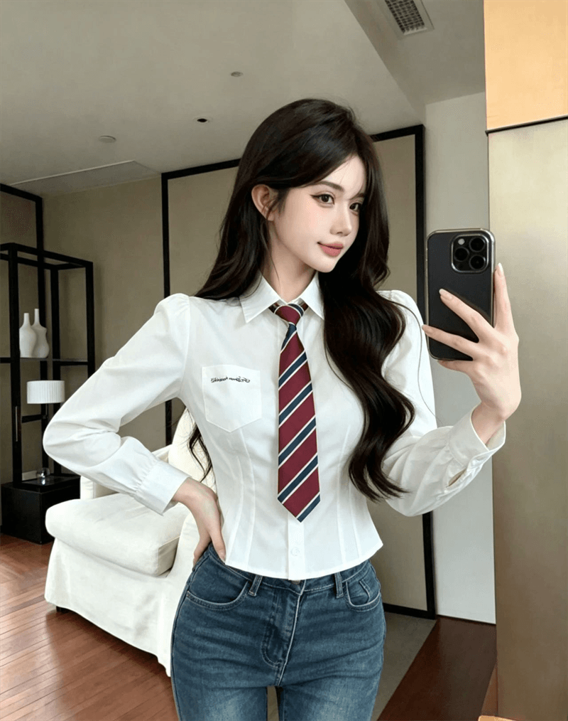 실사 새로운 일본식 학원 스타일 흰 셔츠 여성 셔츠 이른 가을 허리 수축 긴팔 셔츠 상세 이미지 15