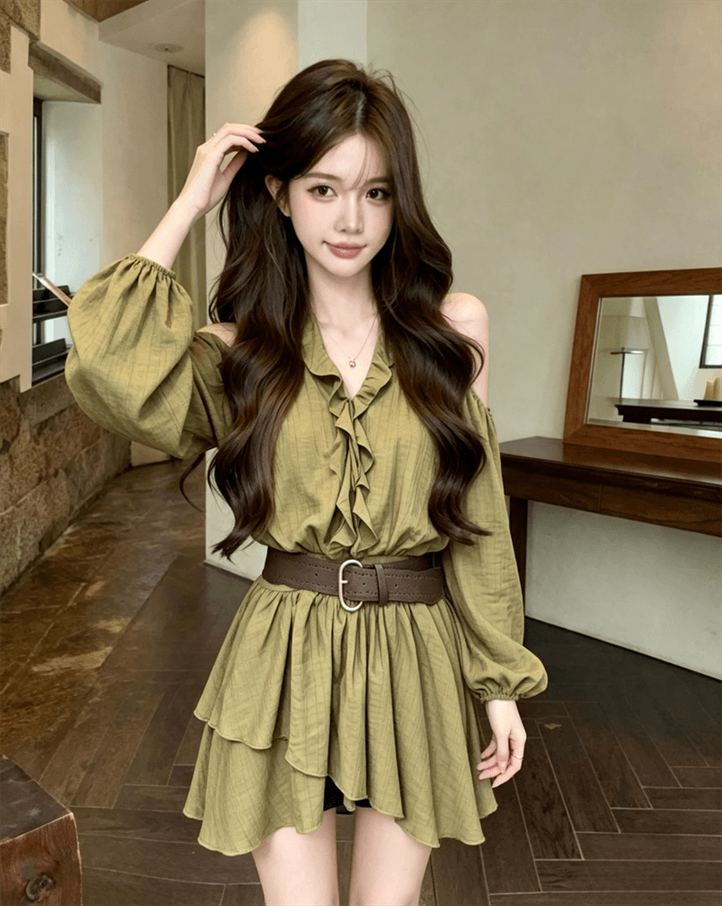 실사 새로운 프랑스식 오프숄더 프릴 허리 수축 벨트 슬림해 보이는 드레스