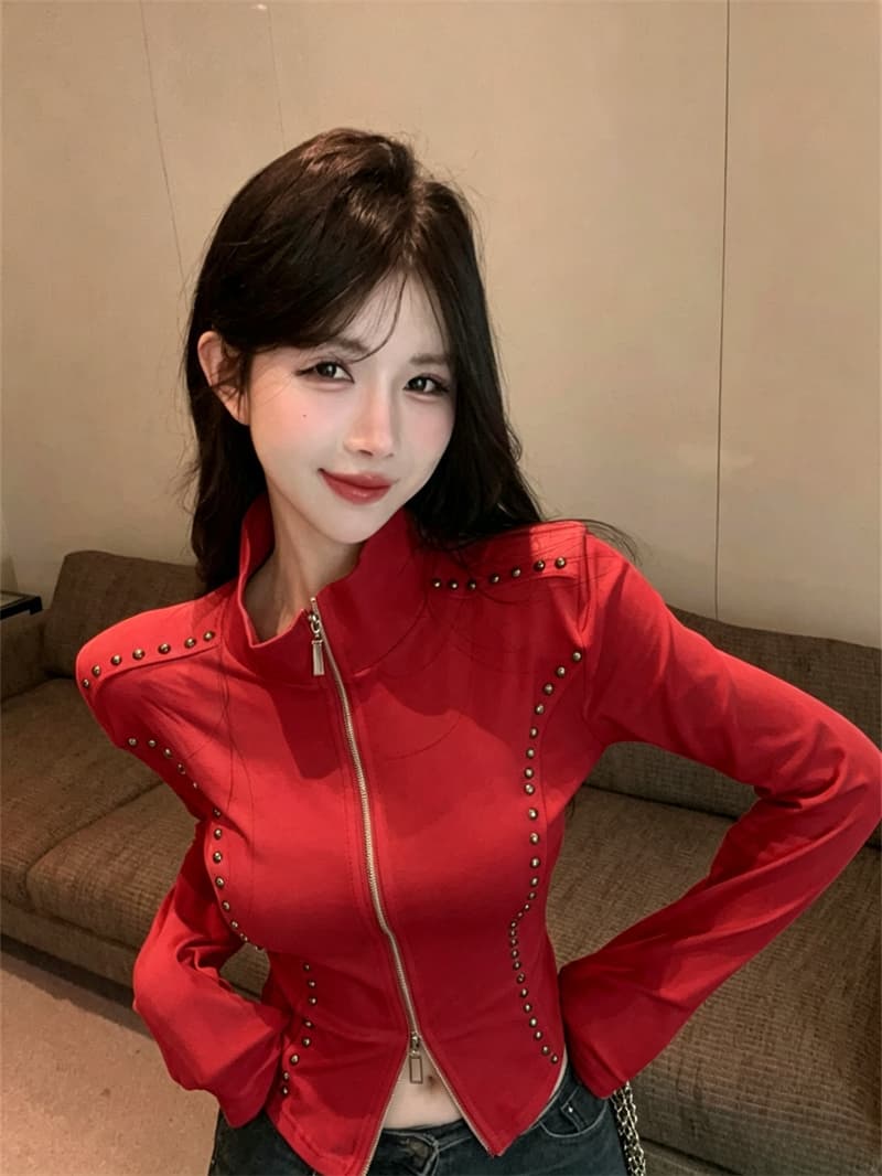 실사 봄 가을 느긋한 바람 폴로 칼라 패치워크 무거운 작업 지퍼 섹션 몸매 가꾸기 불규칙 외국 가스 벨트 어깨 패드 핫걸 티셔츠 상세 이미지 5